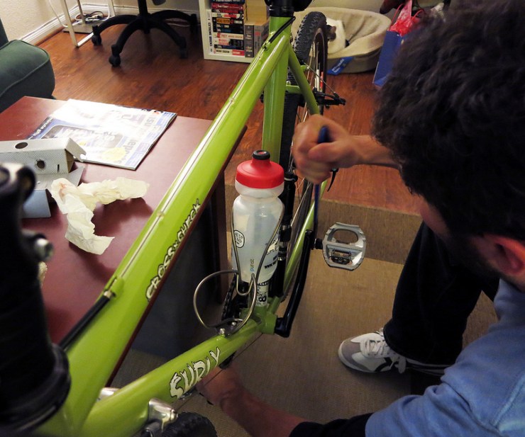 Using a 15mm pedal wrench to tighten them snuggly.