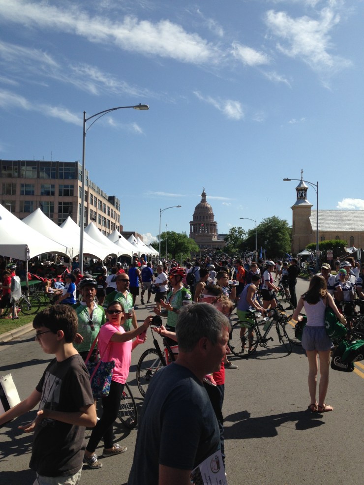 Facing directly opposite from the previous picture - looking at the Texas State Capital Building. Lots of people take finishing photos holding up their bikes in front of it.